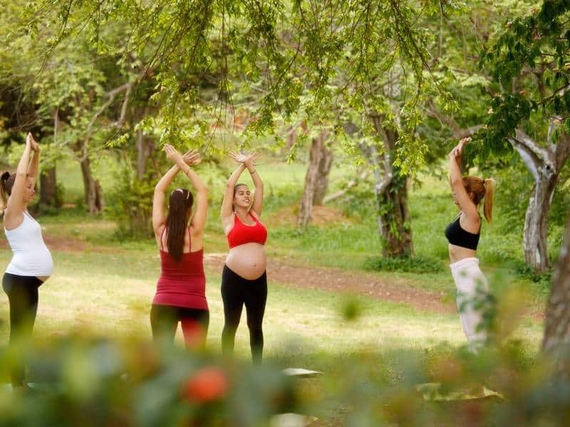 Donne incinta fanno yoga al parco
